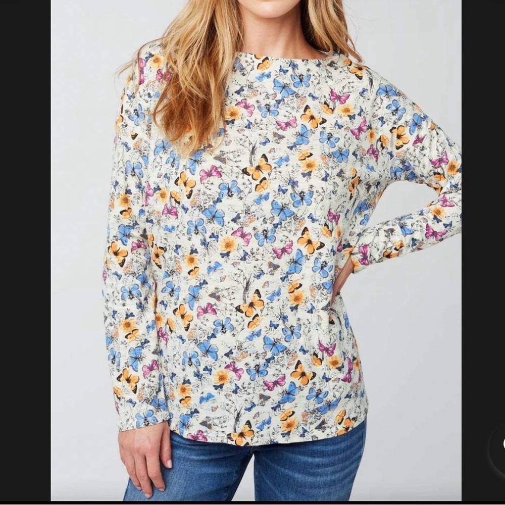 J Jill Grey Butterfly Print 100% Cotton Boatneck Long Sleeve Top Large